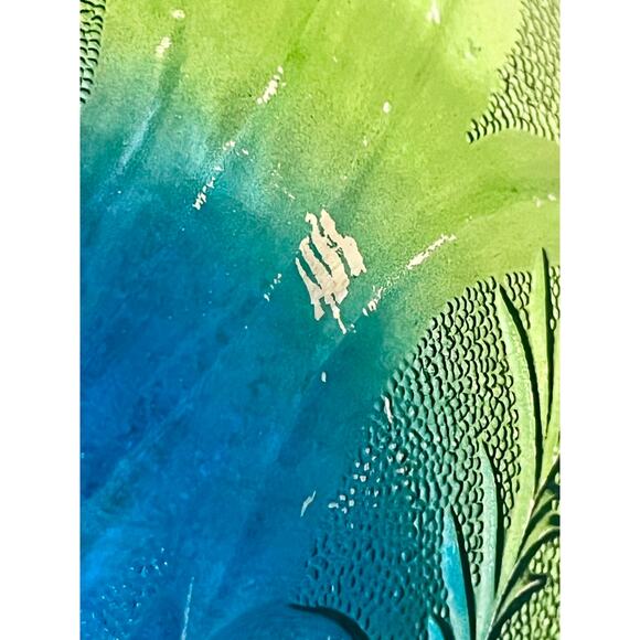 Jeannette Glass Green Blue Tri Footed Art Bowl-Vintage Centerpiece-Scalloped - Picture 8 of 8